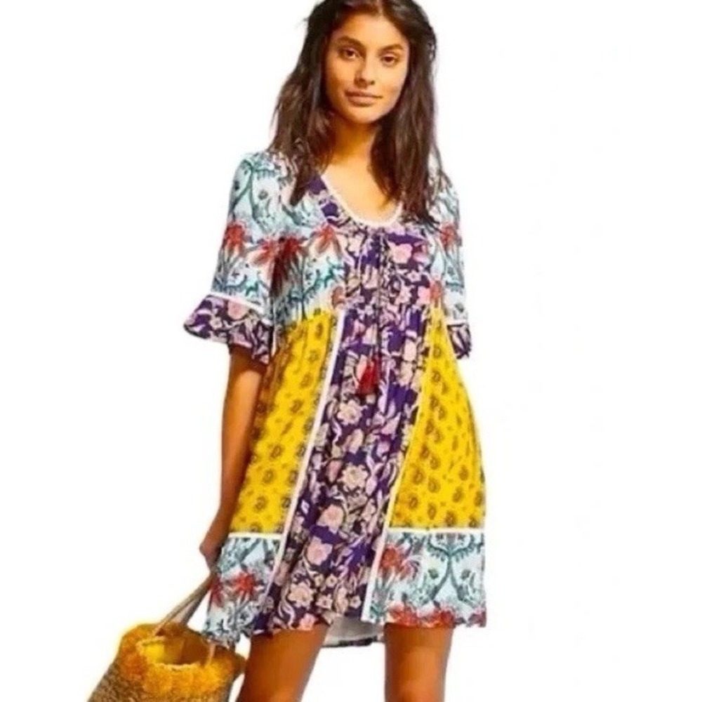 Lilka by Anthropologie Women's XS Patchwork Trapeze Swing Boho SS Dress Babydoll